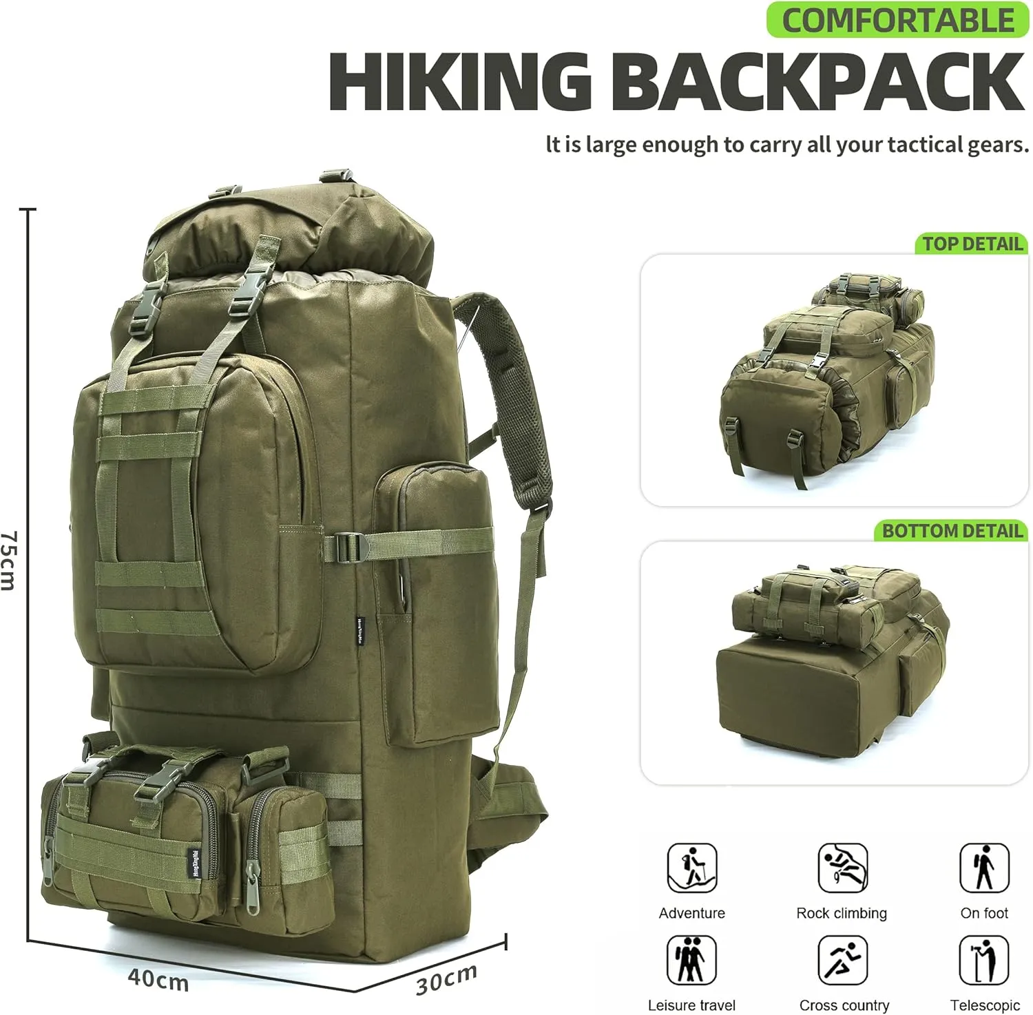 100L Camping Hiking Backpack,Molle military Tactical rucksack backpack,Waterproof Lightweight Hiking Backpack (Army Green)