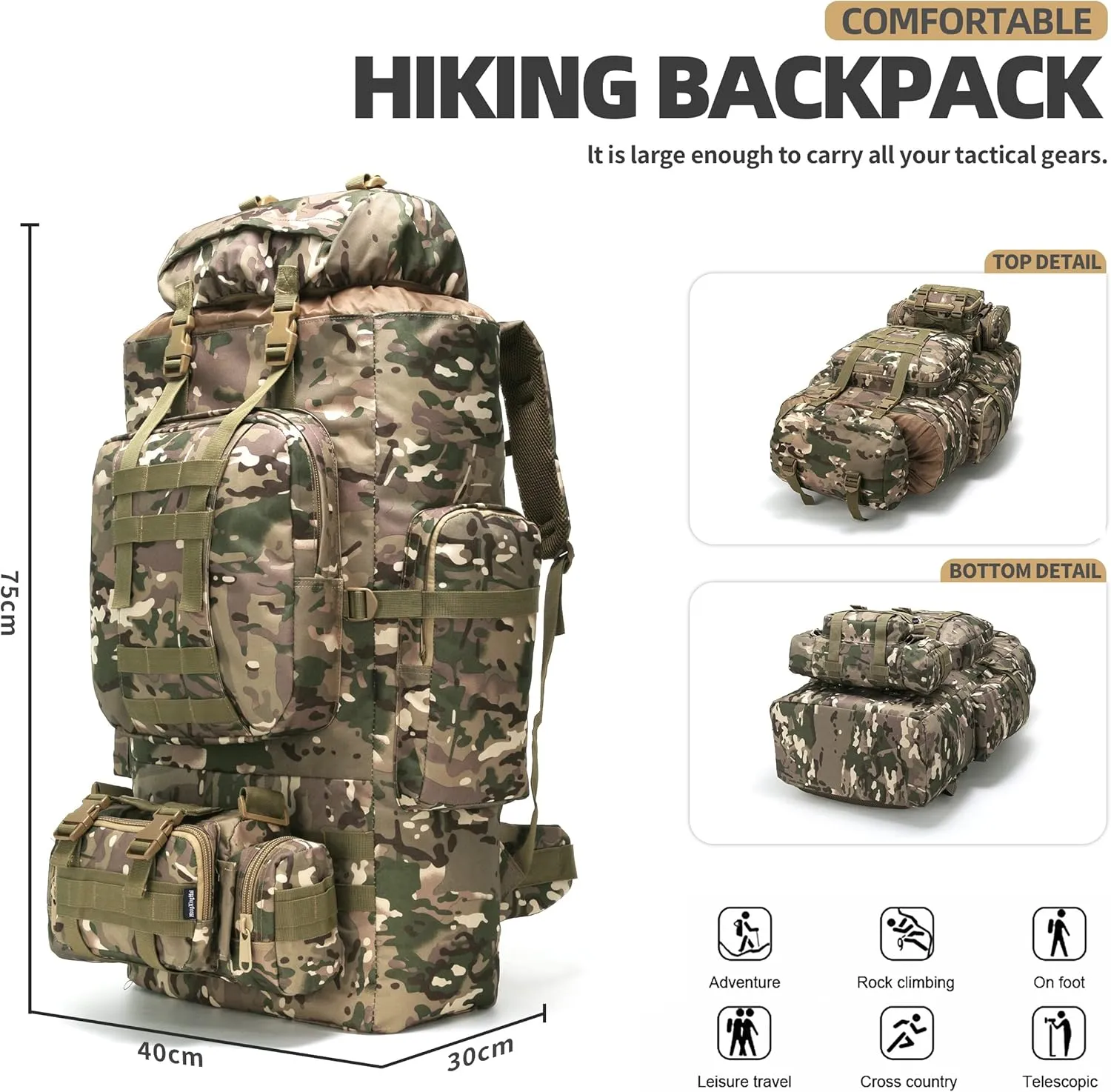 100L Camping Hiking Backpack,Molle military Tactical rucksack backpack,Waterproof Lightweight Hiking Backpack (CP Camo)