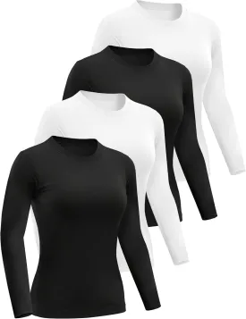 4 Pack Womens Long Sleeve Basic Shirts Crew Neck Slim Fitted Compression Gym Workout Athletic Underscrubs Tops