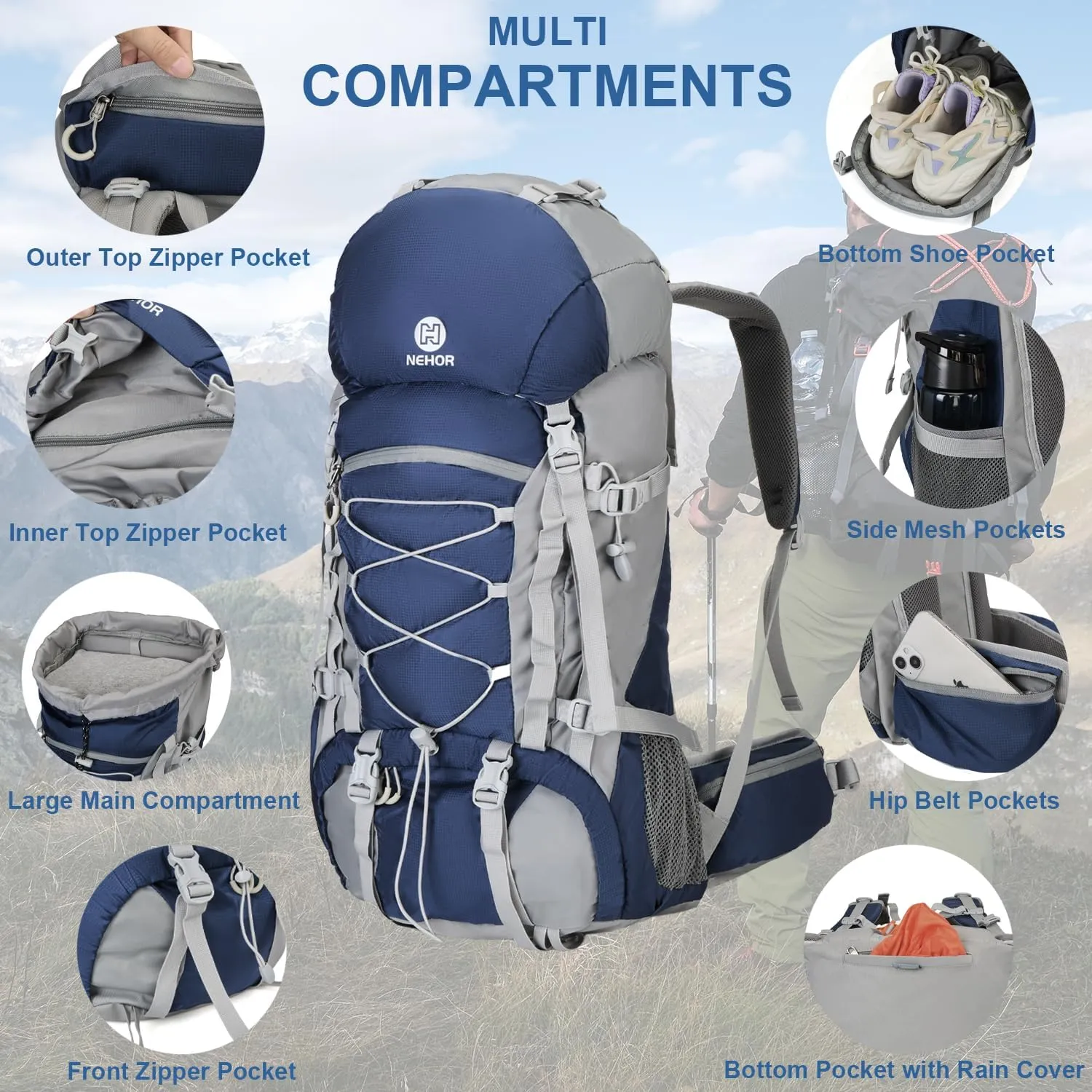 60L Hiking Backpack, Water Resistant Camping Backpack with Rain Cover, Large Lightweight Hiking Bag Outdoor Travel Daypack for Men Women, Blue