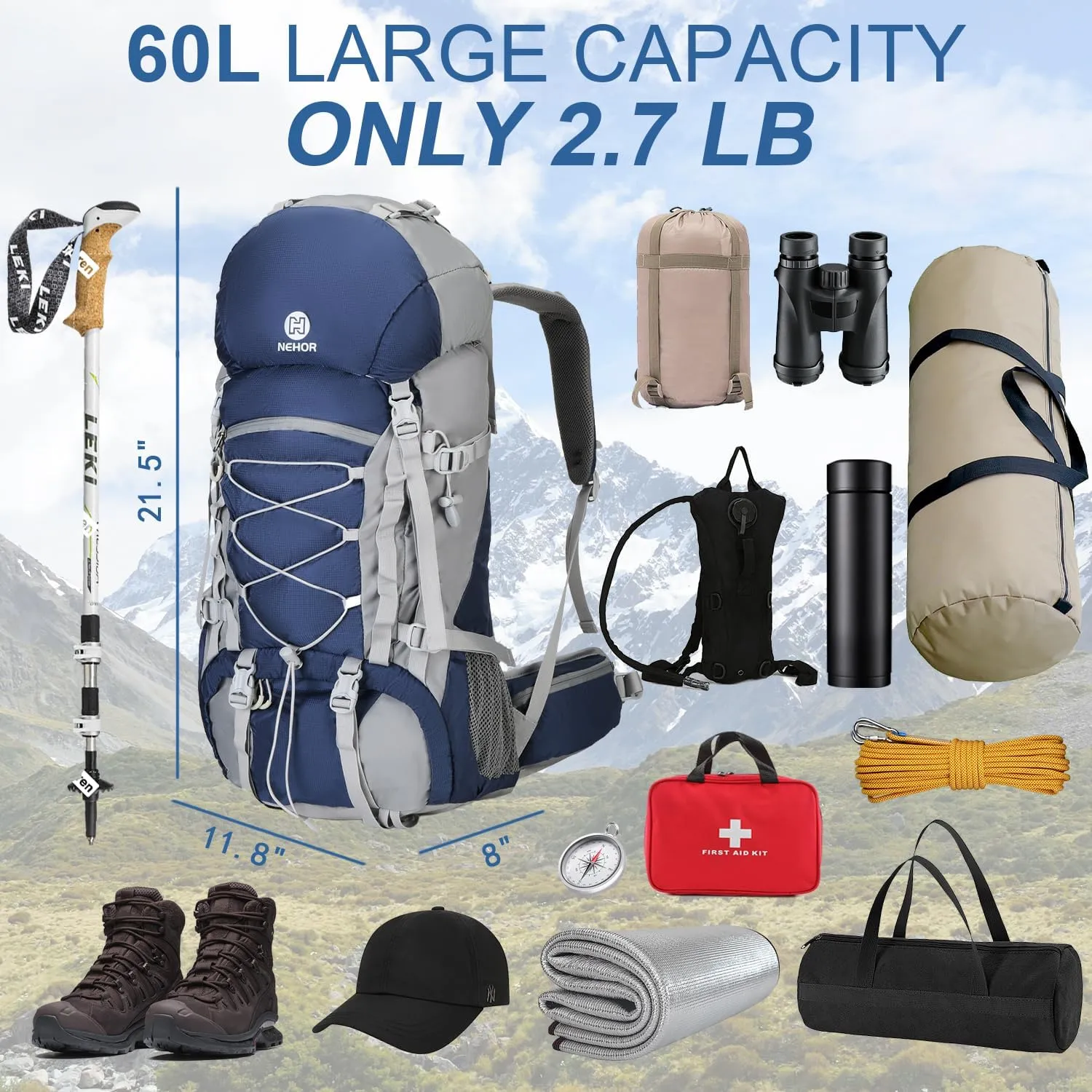 60L Hiking Backpack, Water Resistant Camping Backpack with Rain Cover, Large Lightweight Hiking Bag Outdoor Travel Daypack for Men Women, Blue