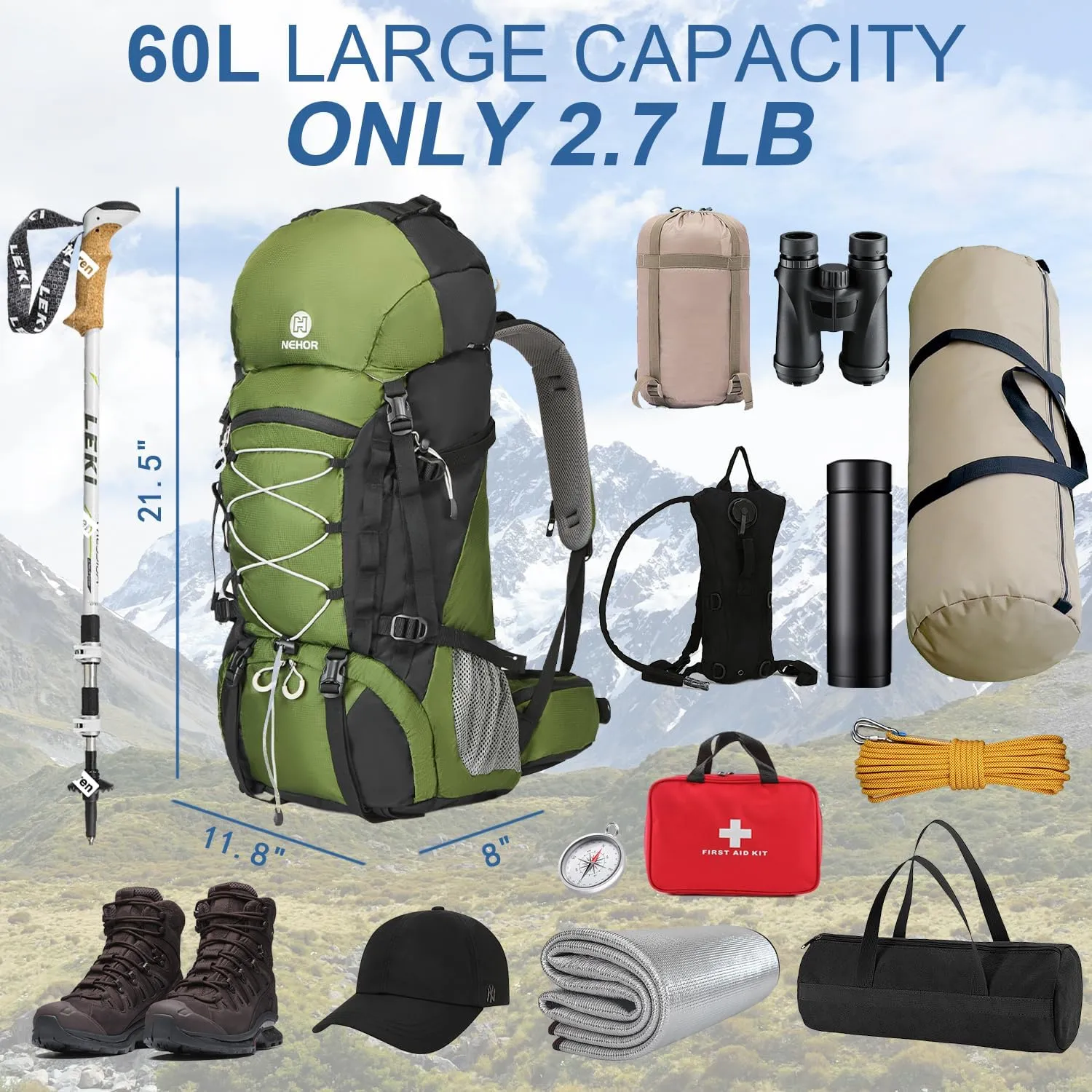 60L Hiking Backpack, Water Resistant Camping Backpack with Rain Cover, Large Lightweight Hiking Bag Outdoor Travel Daypack for Men Women, Green