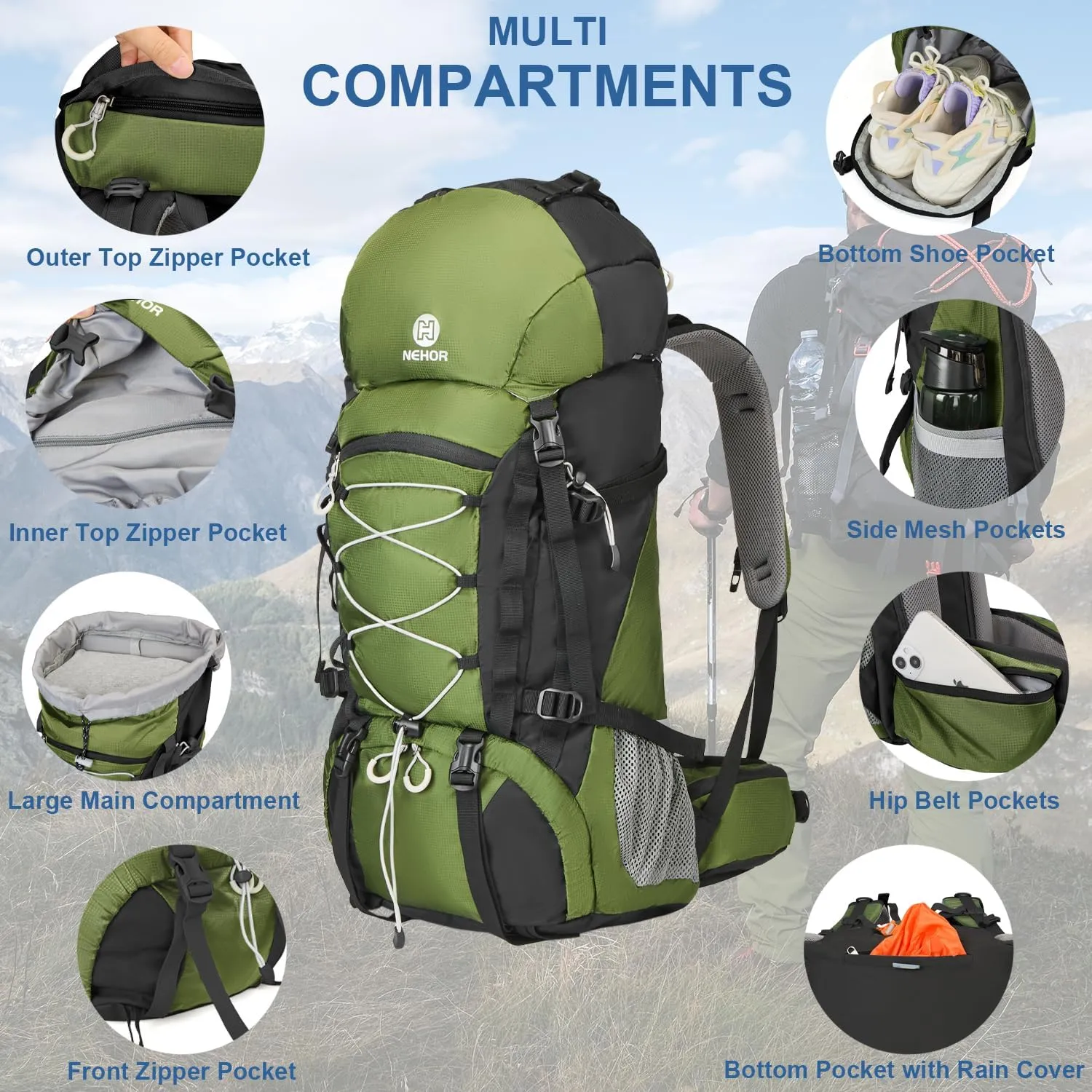 60L Hiking Backpack, Water Resistant Camping Backpack with Rain Cover, Large Lightweight Hiking Bag Outdoor Travel Daypack for Men Women, Green