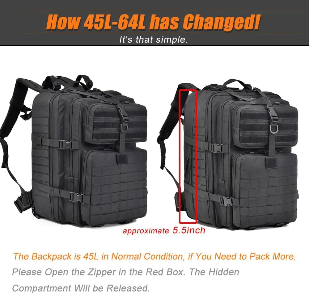 64L Large Tactical Backpack, Military Backpack, Molle Backpack, Tactical Bag, Hiking Daypacks (3, black)