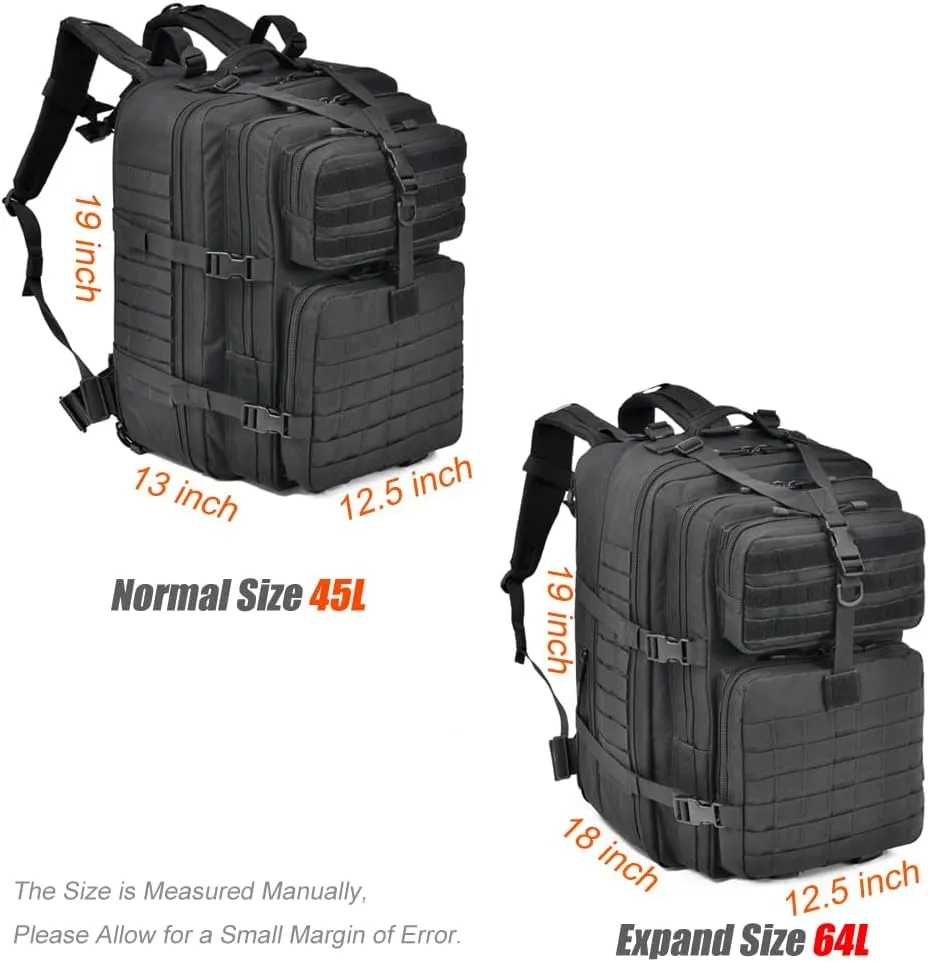 64L Large Tactical Backpack, Military Backpack, Molle Backpack, Tactical Bag, Hiking Daypacks (3, black)