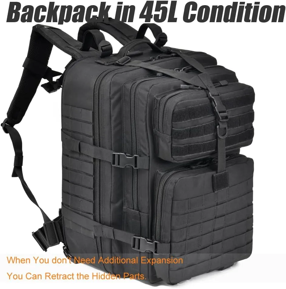 64L Large Tactical Backpack, Military Backpack, Molle Backpack, Tactical Bag, Hiking Daypacks (3, black)