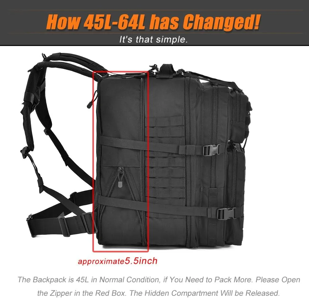 64L Large Tactical Backpack, Military Backpack, Molle Backpack, Tactical Bag, Hiking Daypacks (3, black)