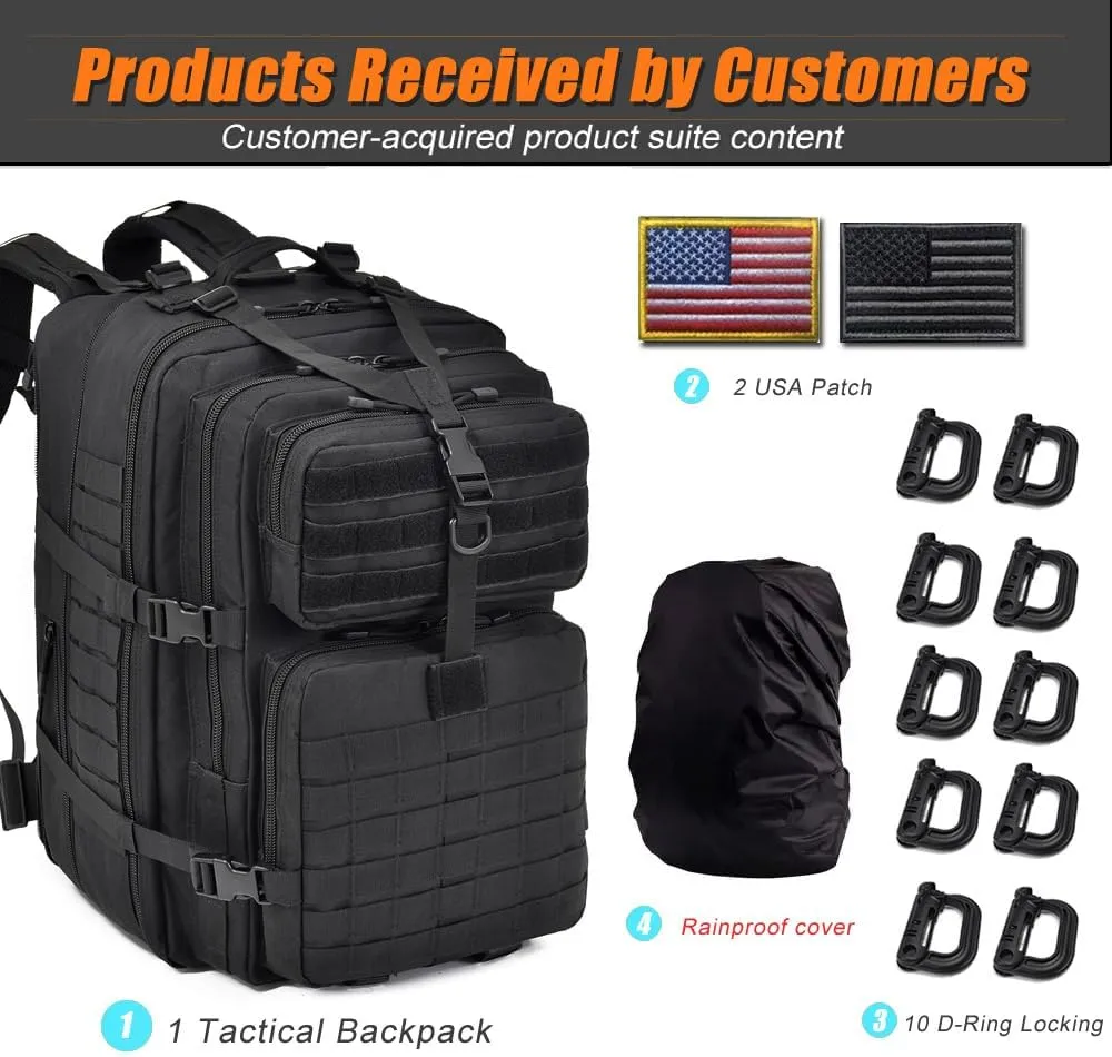 64L Large Tactical Backpack, Military Backpack, Molle Backpack, Tactical Bag, Hiking Daypacks (3, black)