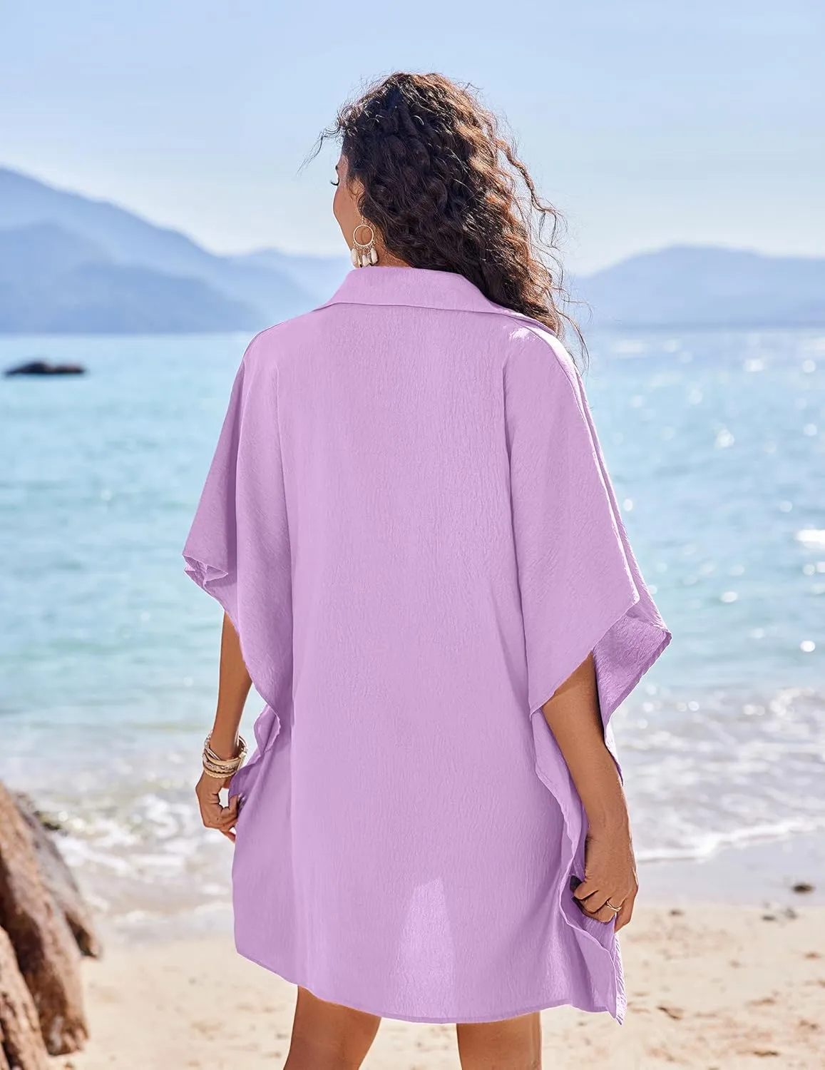 AI'MAGE Womens Swimsuit Beach Cover Up Shirt Summer 3/4 Sleeve Bathing Suit Beach Dress Oversized Bikini Coverups S-3XL