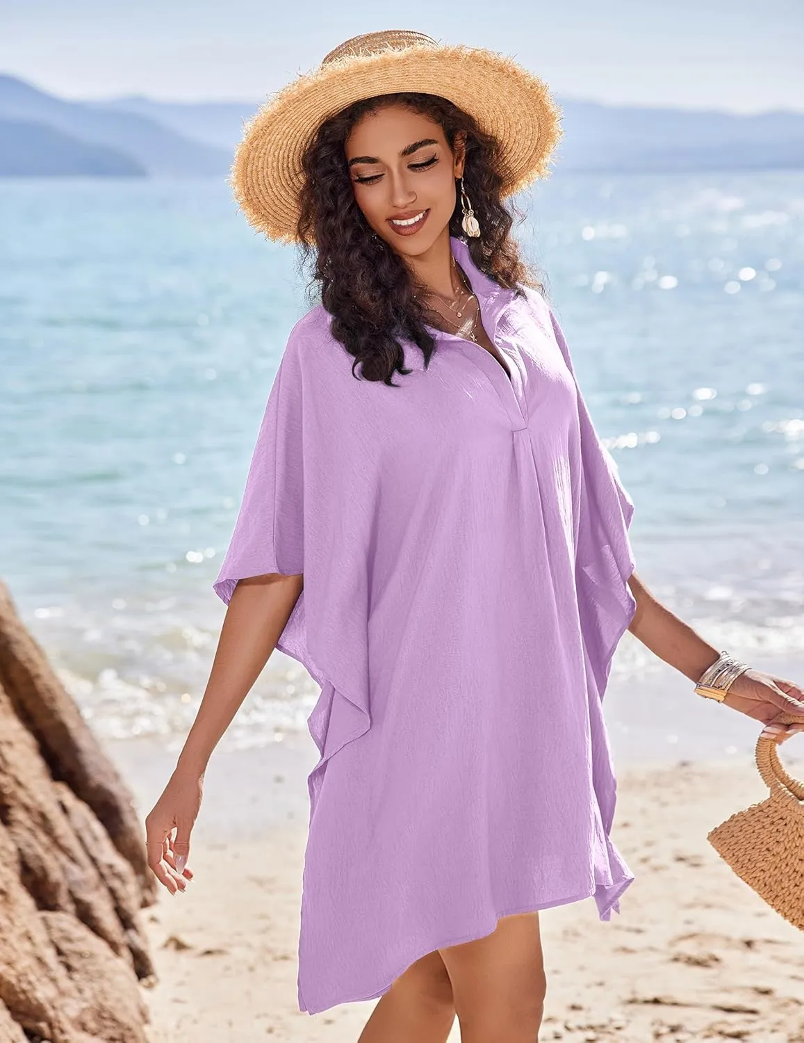AI'MAGE Womens Swimsuit Beach Cover Up Shirt Summer 3/4 Sleeve Bathing Suit Beach Dress Oversized Bikini Coverups S-3XL