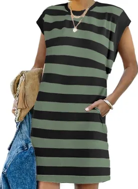 AlvaQ Womens Striped Summer Dresses 2025 Crewneck Cap Sleeve Color Block Casual A Line Tshirt Dress with Pockets