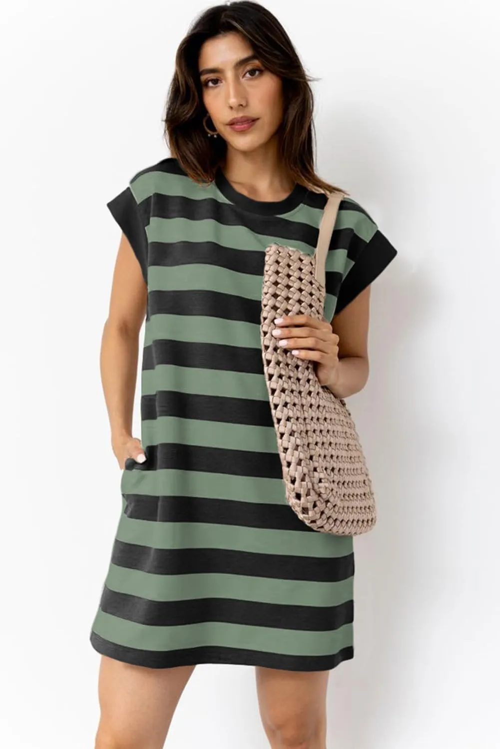 AlvaQ Womens Striped Summer Dresses 2025 Crewneck Cap Sleeve Color Block Casual A Line Tshirt Dress with Pockets