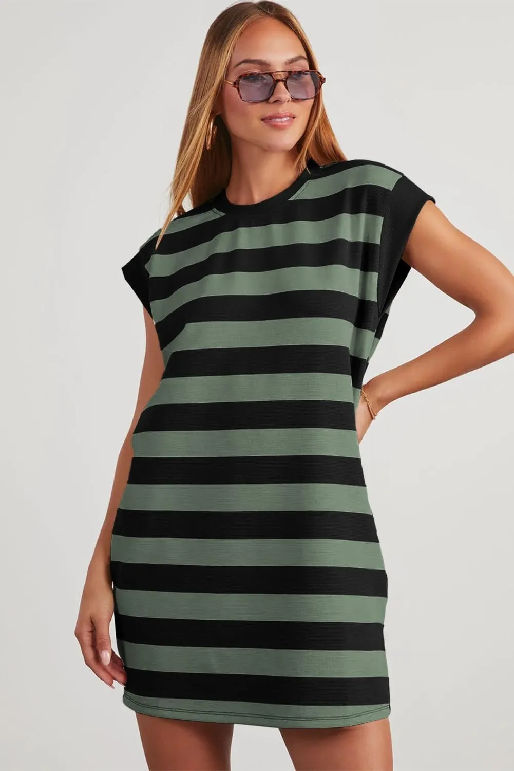 AlvaQ Womens Striped Summer Dresses 2025 Crewneck Cap Sleeve Color Block Casual A Line Tshirt Dress with Pockets