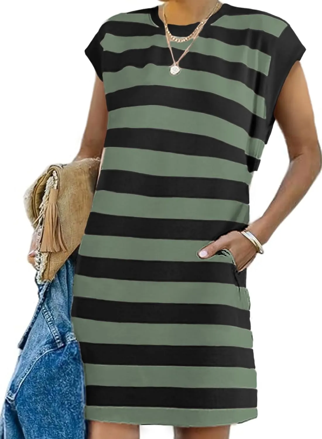 AlvaQ Womens Striped Summer Dresses 2025 Crewneck Cap Sleeve Color Block Casual A Line Tshirt Dress with Pockets