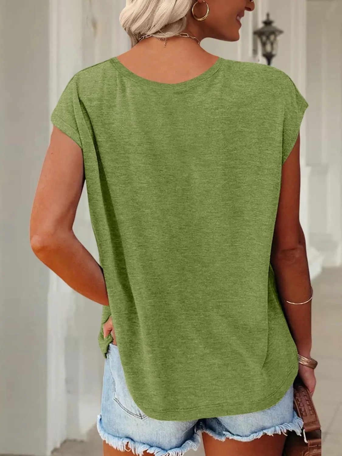 Anbech Cap Sleeve Tops Women Graphic V Neck Shirt Solid Print Casual T-Shirts