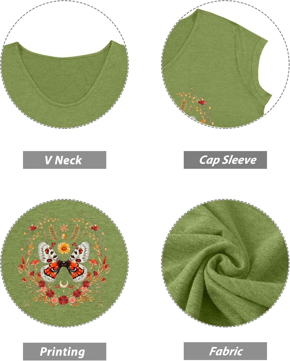 Anbech Cap Sleeve Tops Women Graphic V Neck Shirt Solid Print Casual T-Shirts