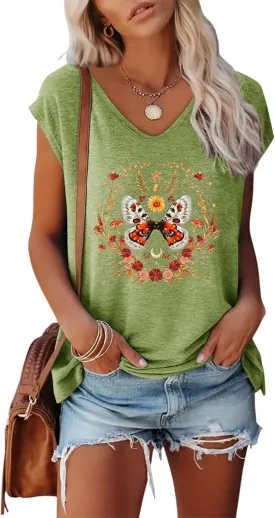 Anbech Cap Sleeve Tops Women Graphic V Neck Shirt Solid Print Casual T-Shirts
