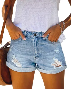 Angerella Denim Shorts for Women Mid Rise Ripped Jean Shorts Stretchy Folded Hem Hot Short Jeans
