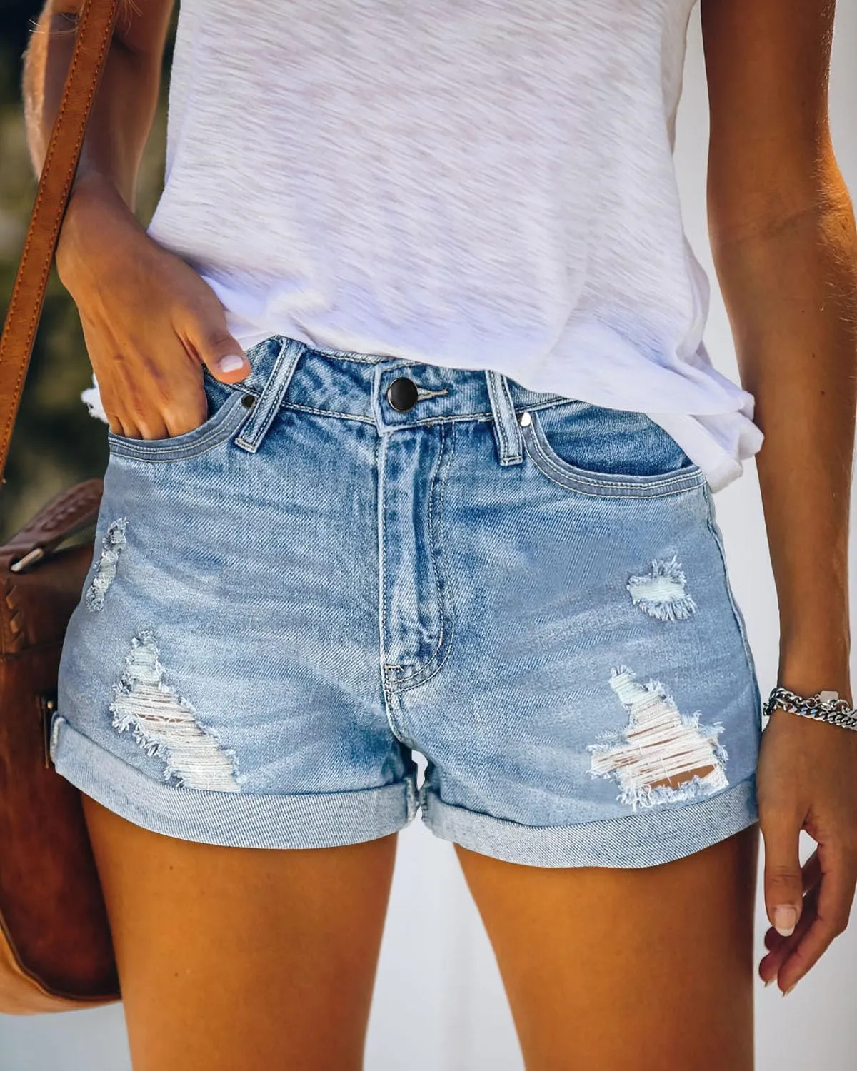 Angerella Denim Shorts for Women Mid Rise Ripped Jean Shorts Stretchy Folded Hem Hot Short Jeans