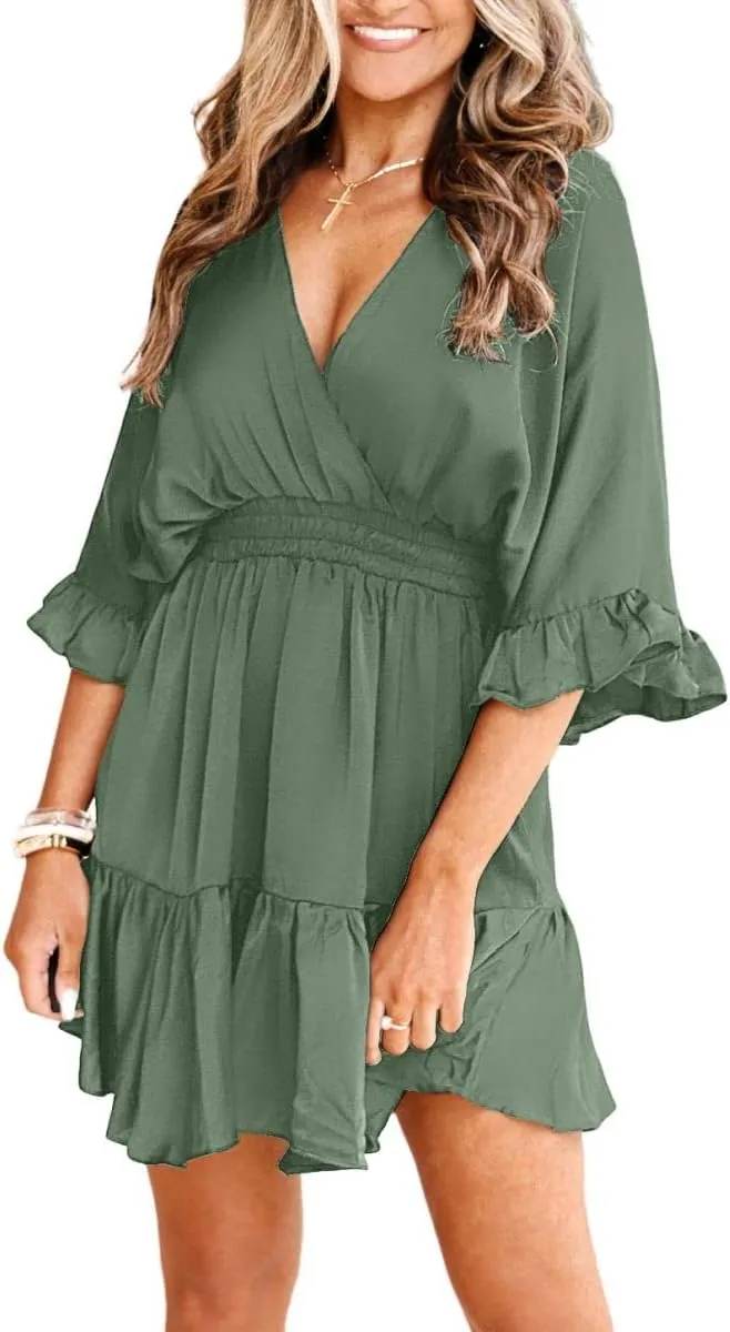 Aoysky Womens V Neck Casual Dresses Summer Loose High Waist Ruffle Pleated Cute Mini Short Dress