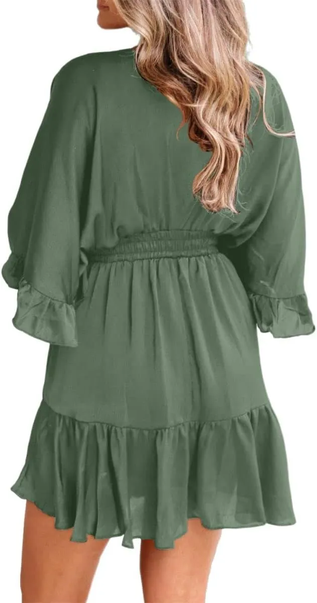 Aoysky Womens V Neck Casual Dresses Summer Loose High Waist Ruffle Pleated Cute Mini Short Dress