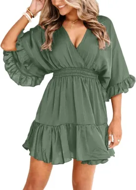 Aoysky Womens V Neck Casual Dresses Summer Loose High Waist Ruffle Pleated Cute Mini Short Dress
