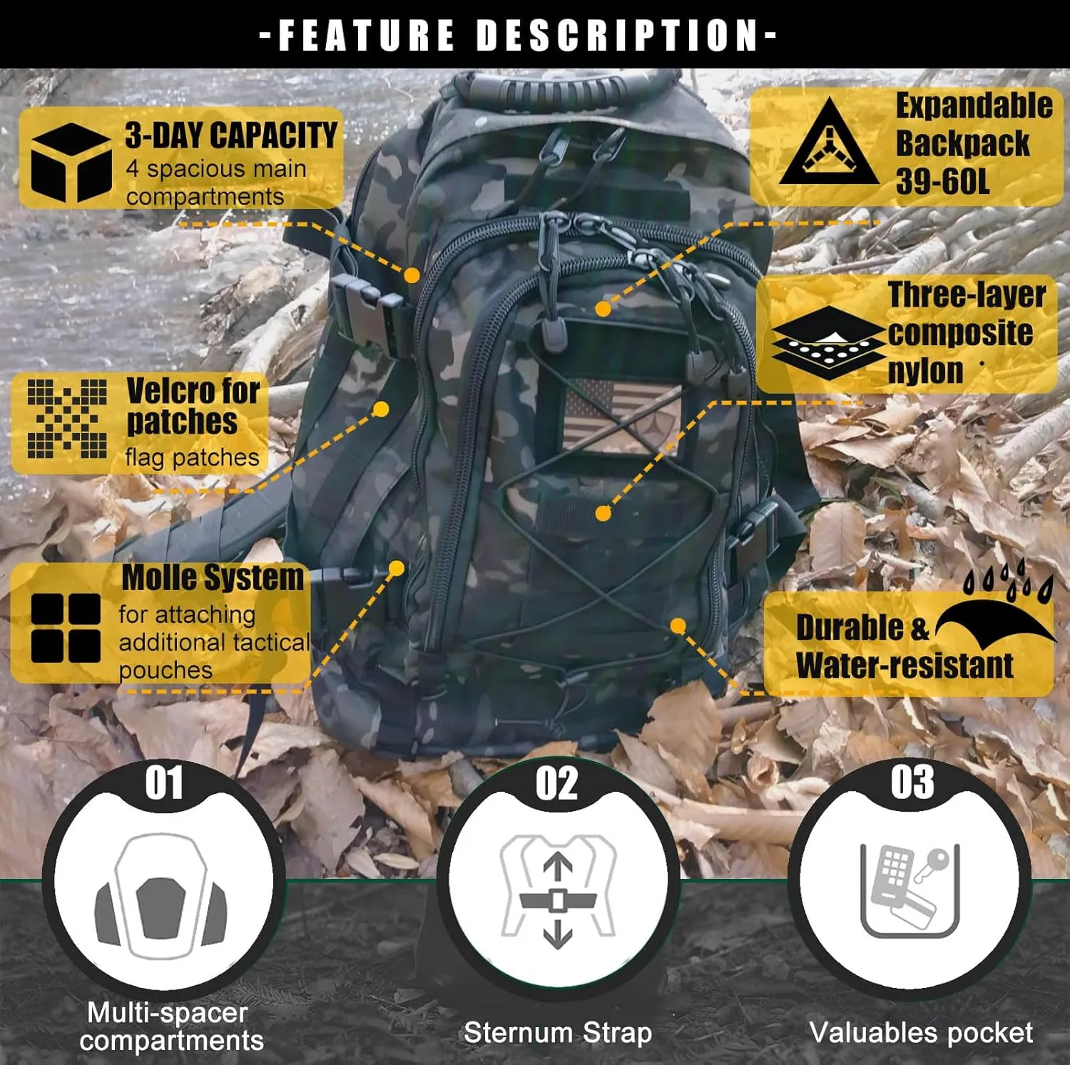 Backpack for Men 3 Day Pack for Hiking Camping Travel