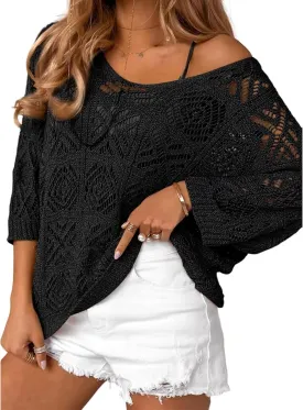 Bluetime Women Off Shoulder Tops Casual 3/4 Sleeve Hollow Out Crochet Sweaters Lightweight Oversized Knit Tops