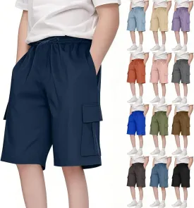 Boys Cargo Shorts Knee Length Kids Summer Joggers Shorts Pull On Plain Pockets Elastic Waist Baggy Pants Outdoor