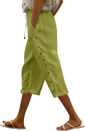 Capri Linen Pants for Women Drawstring Capri Pants with Pockets Wide Leg Cropped Pants for Capri Linen Pants for
