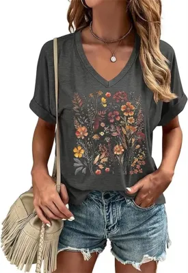 Casual V-Neck Graphic Tees for Women Summer Cute Short Sleeve Holiday Family Match T-Shirt Tops