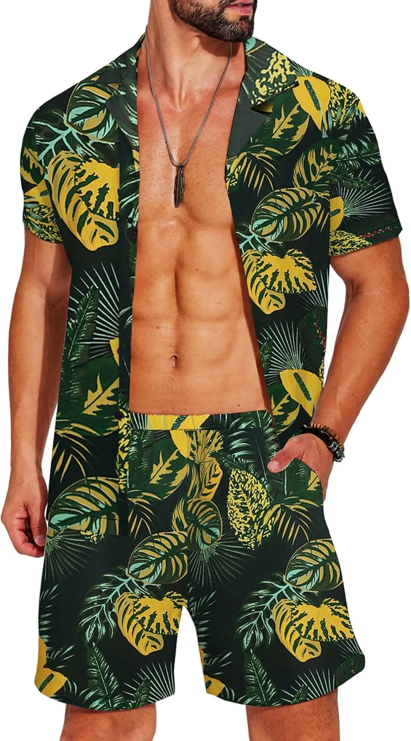 COOFANDY Men's Hawaiian Matching Shirt and Shorts Set Summer Beach 2 Piece Outfits Short Sleeve Cuban Shirts and Shorts
