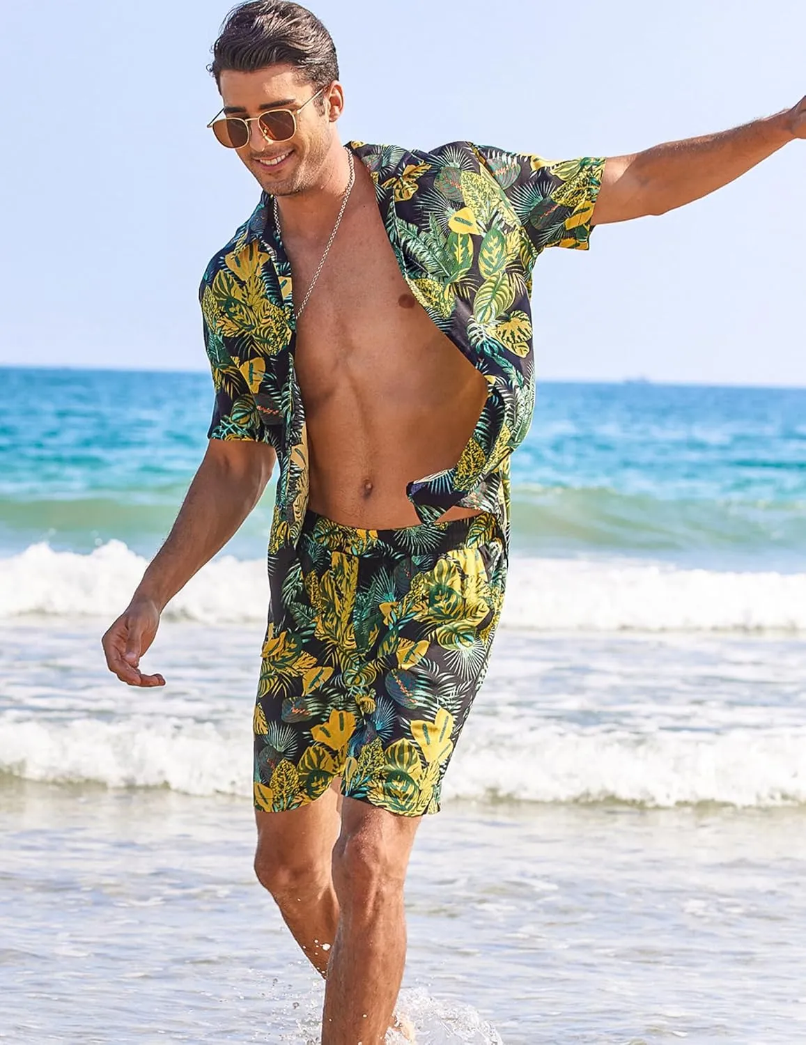 COOFANDY Men's Hawaiian Matching Shirt and Shorts Set Summer Beach 2 Piece Outfits Short Sleeve Cuban Shirts and Shorts