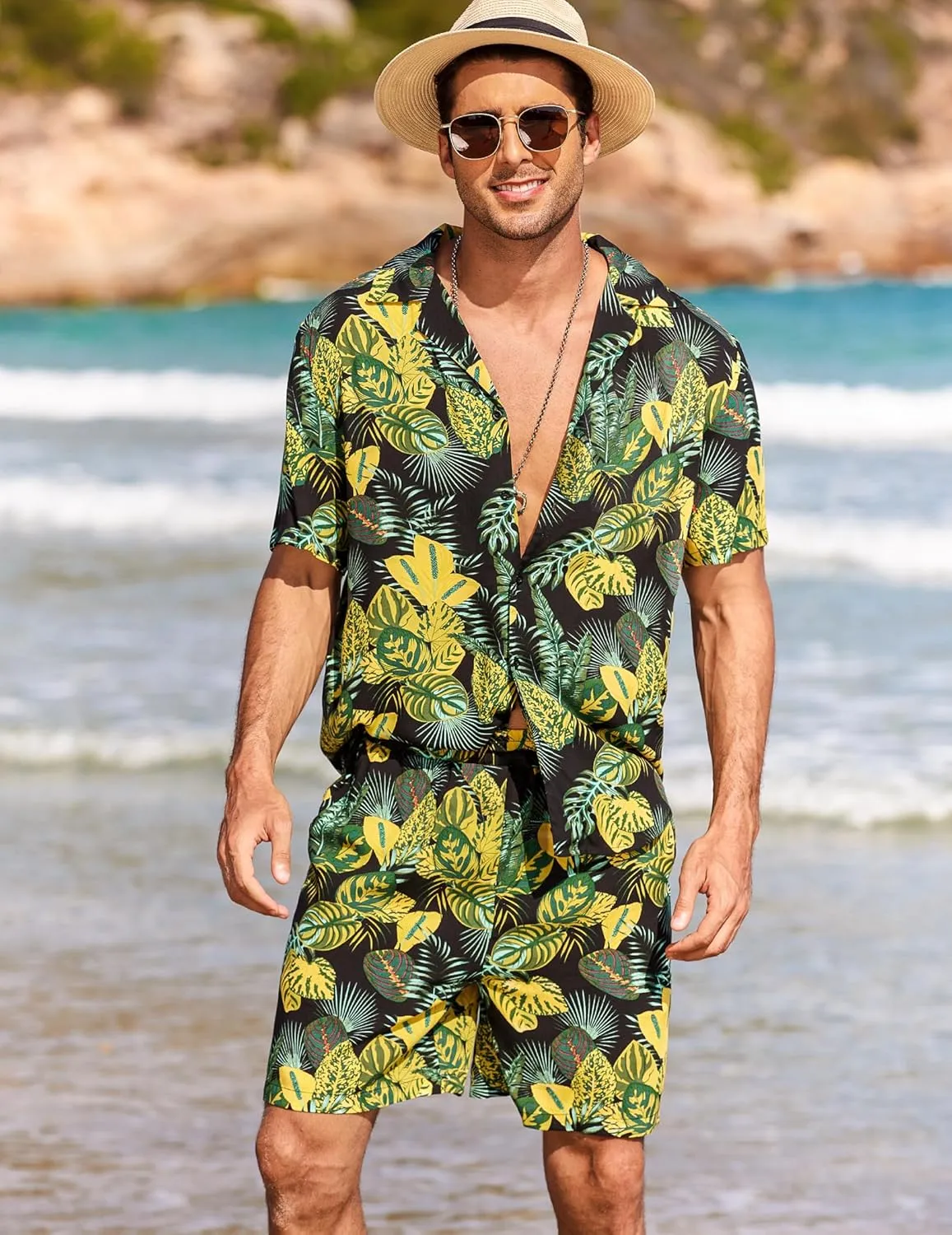 COOFANDY Men's Hawaiian Matching Shirt and Shorts Set Summer Beach 2 Piece Outfits Short Sleeve Cuban Shirts and Shorts