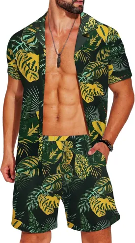 COOFANDY Men's Hawaiian Matching Shirt and Shorts Set Summer Beach 2 Piece Outfits Short Sleeve Cuban Shirts and Shorts