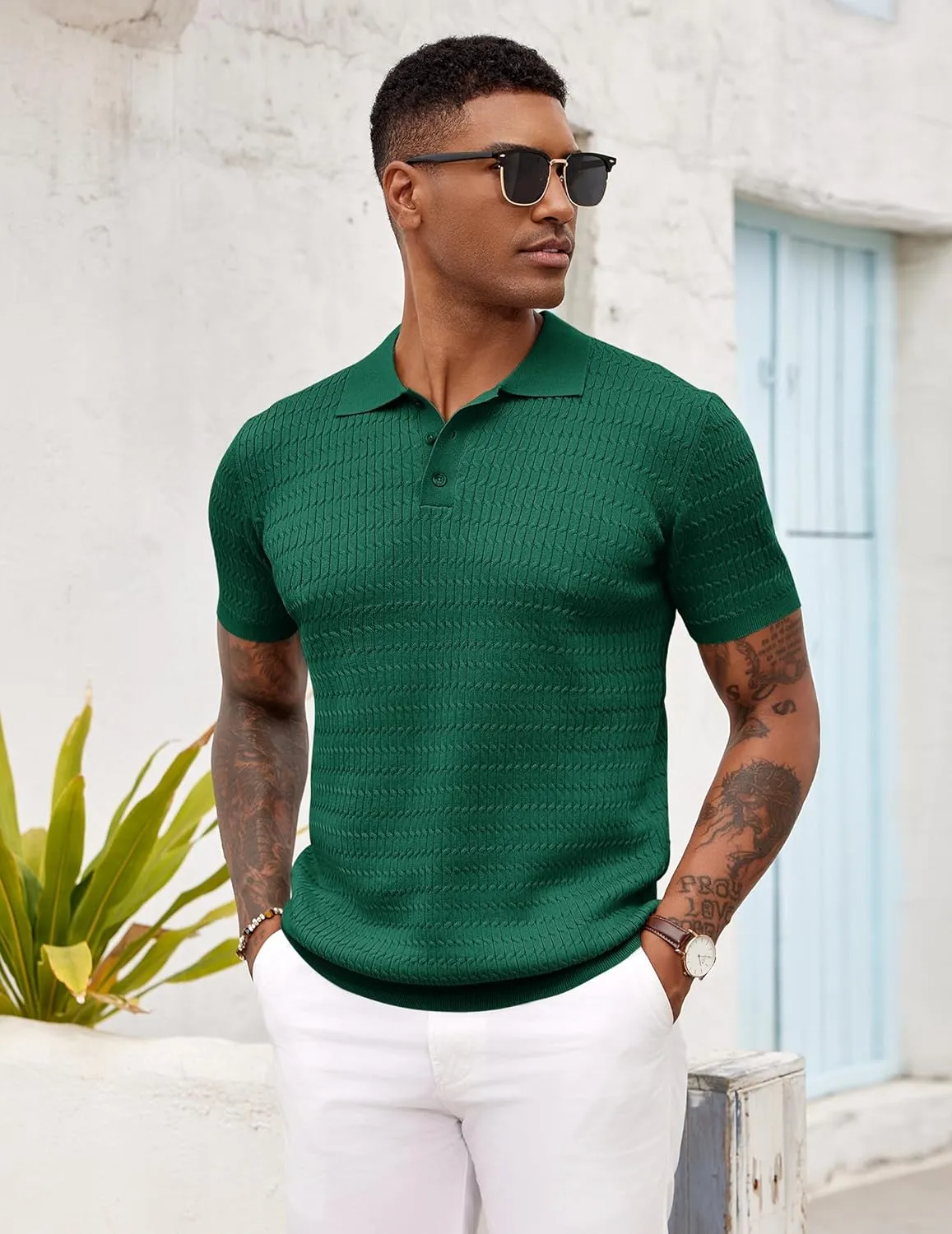 COOFANDY Mens Knit Polo Shirt Short Sleeve Vintage Textured Casual Golf Shirts Summer Beach Top