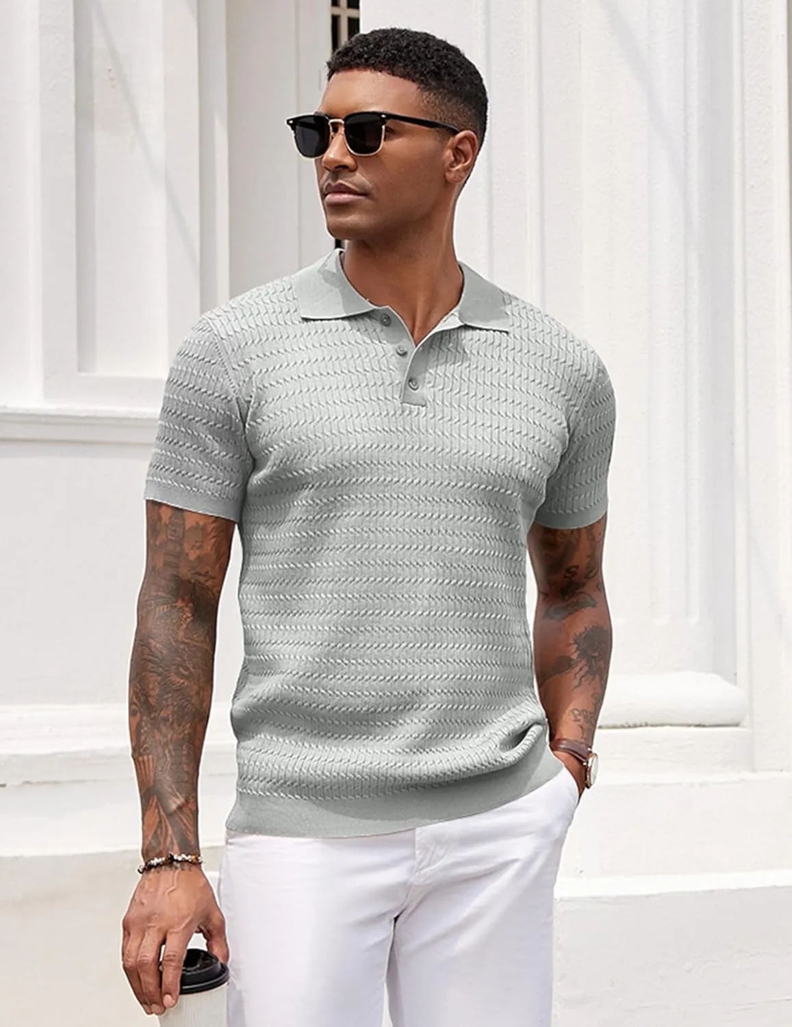 COOFANDY Mens Knit Polo Shirt Short Sleeve Vintage Textured Casual Golf Shirts Summer Beach Top
