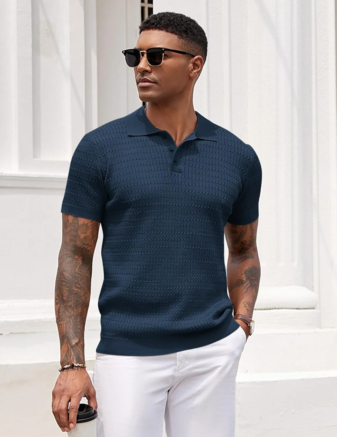 COOFANDY Mens Knit Polo Shirt Short Sleeve Vintage Textured Casual Golf Shirts Summer Beach Top