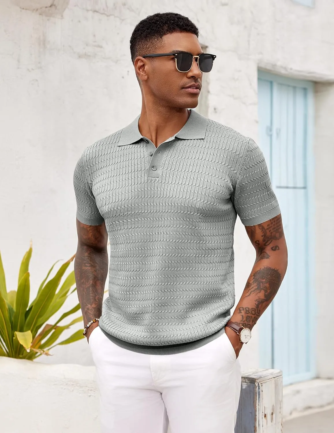 COOFANDY Mens Knit Polo Shirt Short Sleeve Vintage Textured Casual Golf Shirts Summer Beach Top