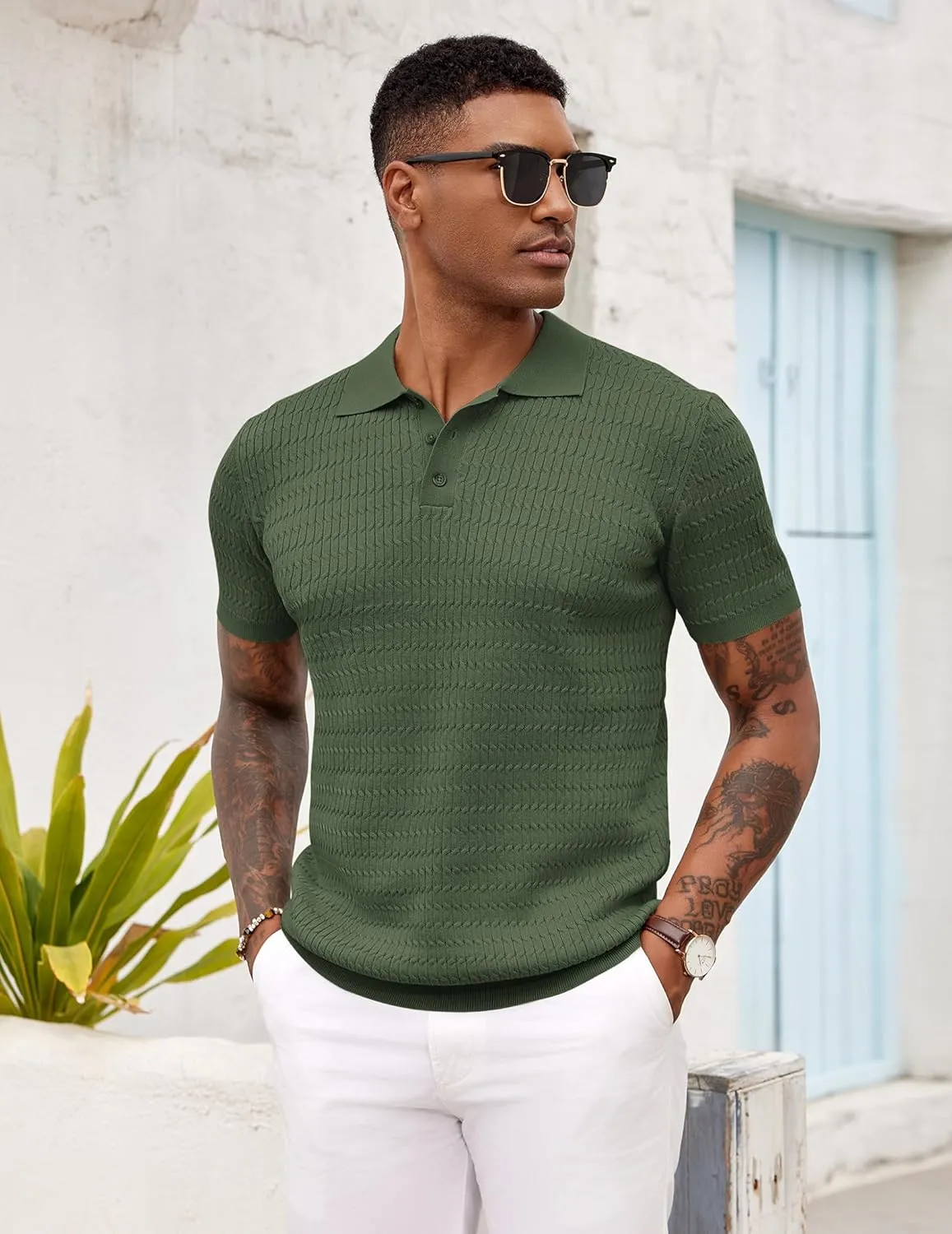 COOFANDY Mens Knit Polo Shirt Short Sleeve Vintage Textured Casual Golf Shirts Summer Beach Top