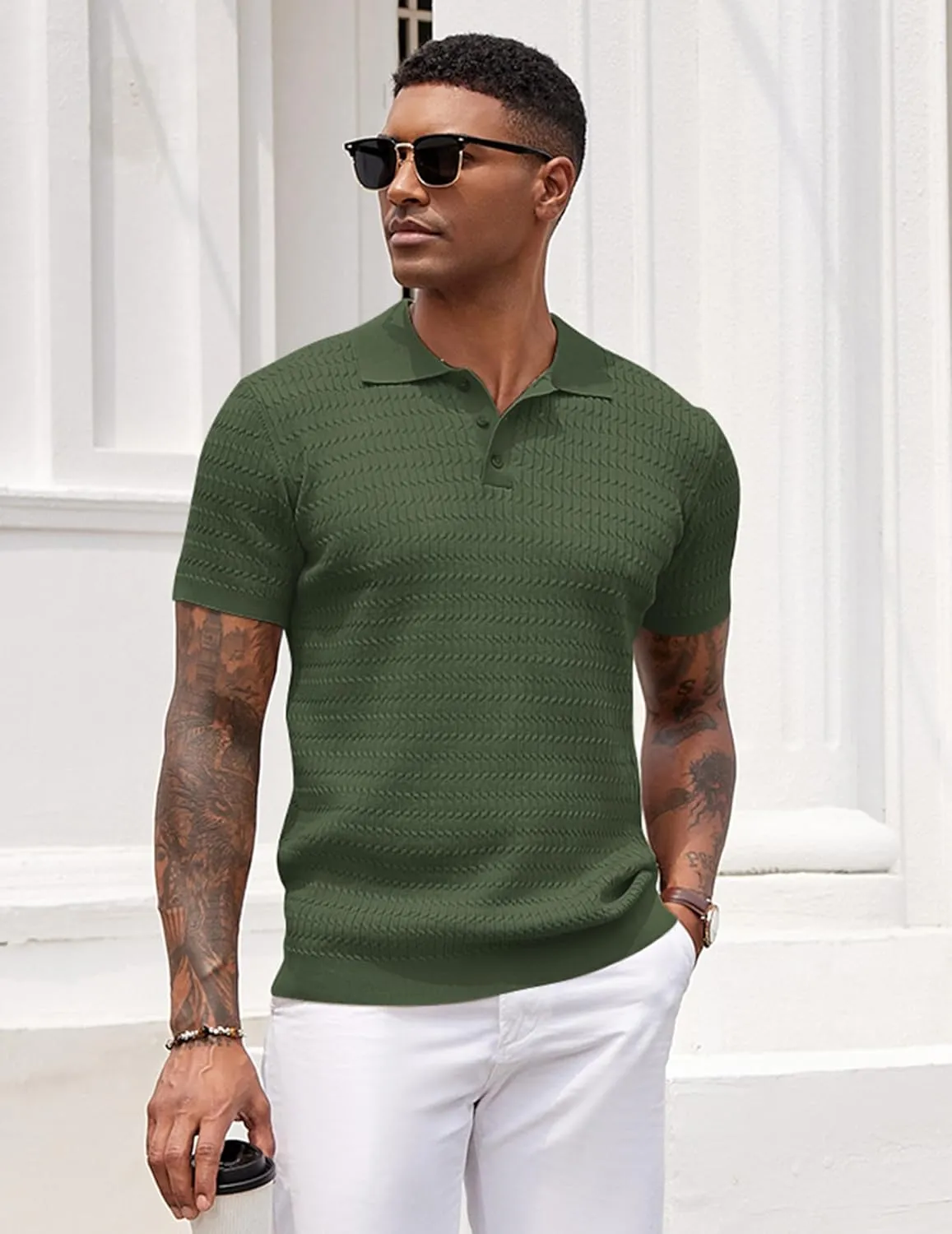 COOFANDY Mens Knit Polo Shirt Short Sleeve Vintage Textured Casual Golf Shirts Summer Beach Top