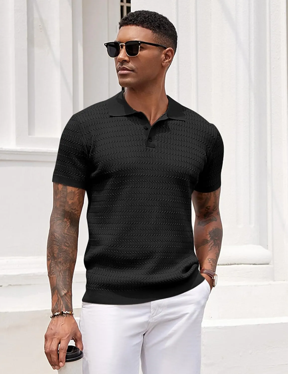COOFANDY Mens Knit Polo Shirt Short Sleeve Vintage Textured Casual Golf Shirts Summer Beach Top