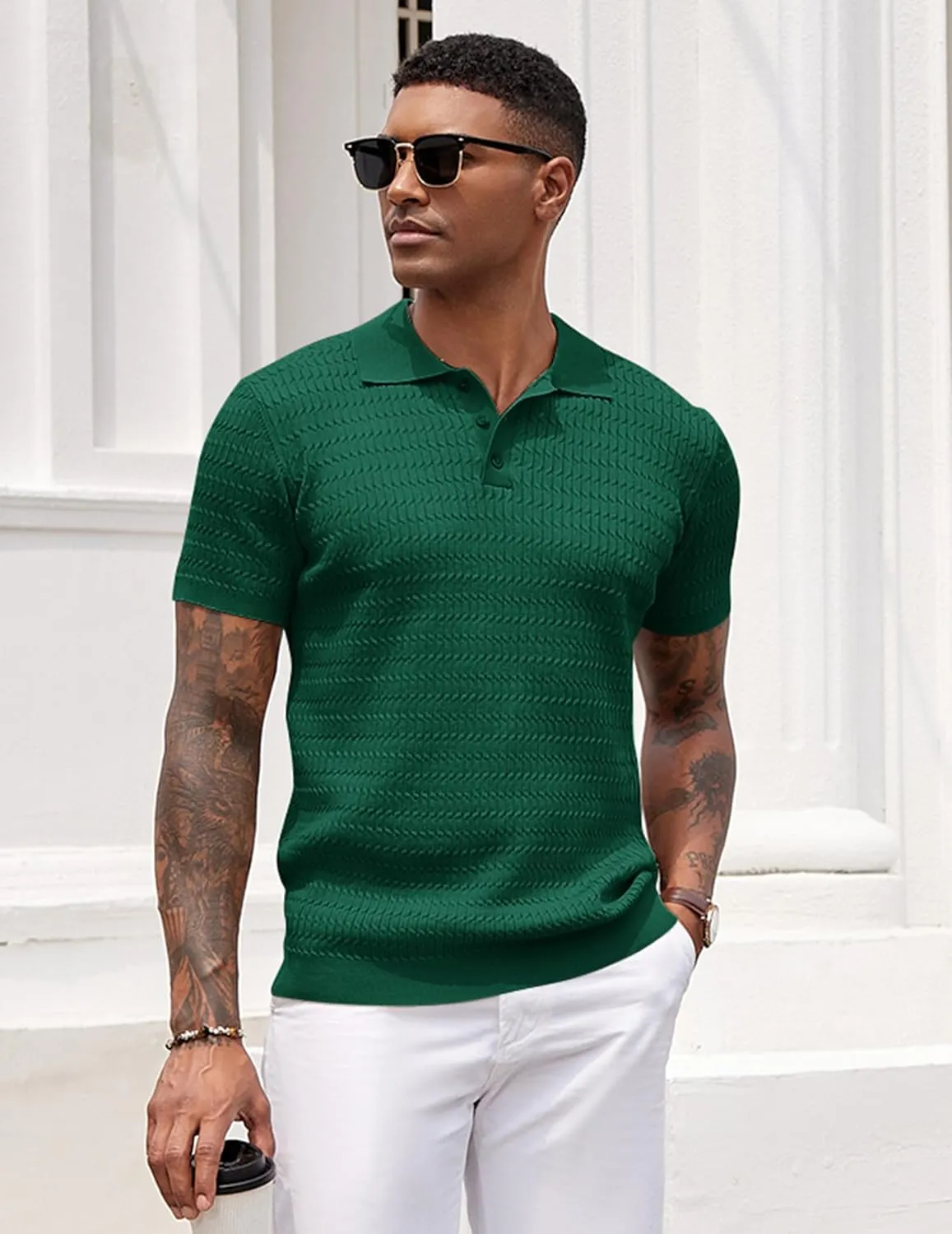 COOFANDY Mens Knit Polo Shirt Short Sleeve Vintage Textured Casual Golf Shirts Summer Beach Top