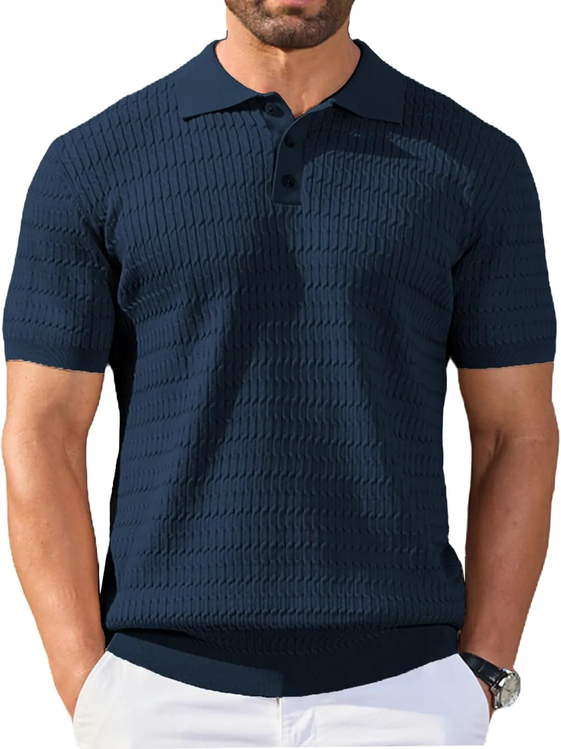 COOFANDY Mens Knit Polo Shirt Short Sleeve Vintage Textured Casual Golf Shirts Summer Beach Top