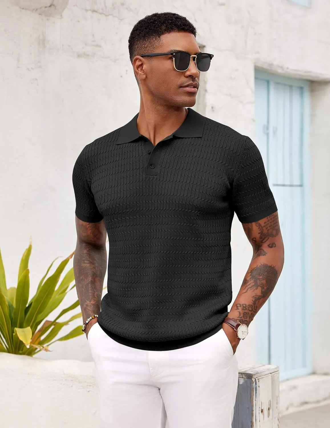 COOFANDY Mens Knit Polo Shirt Short Sleeve Vintage Textured Casual Golf Shirts Summer Beach Top