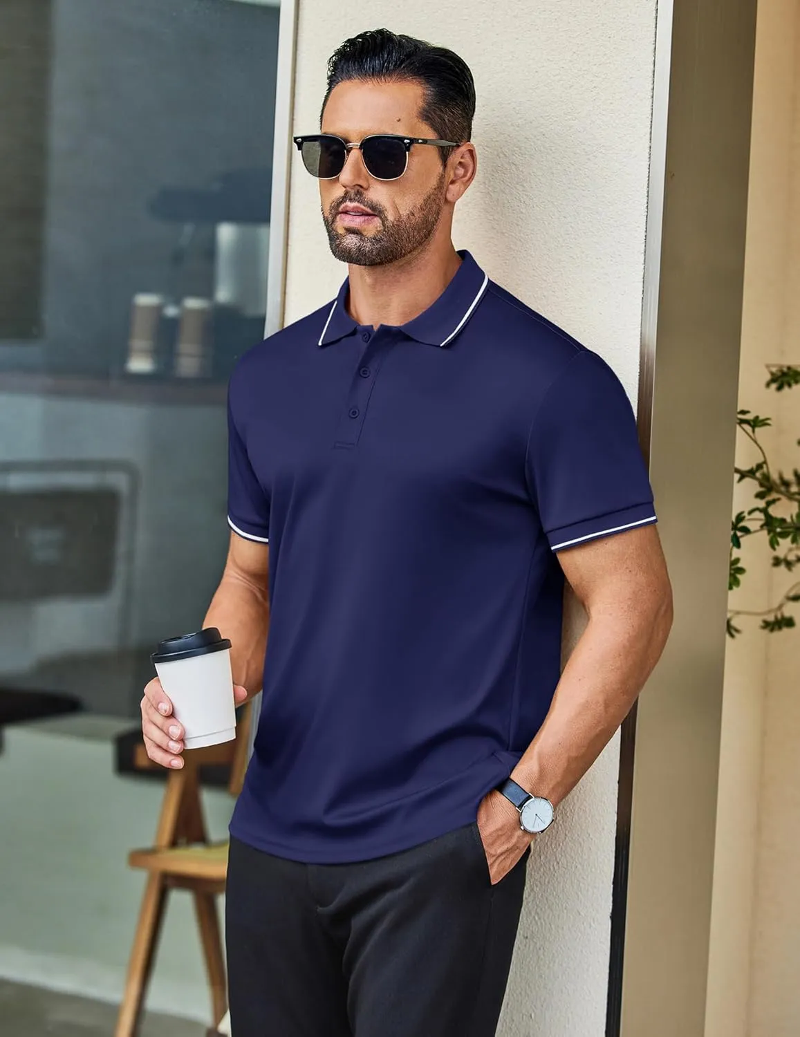 COOFANDY Mens Polo Shirts Short Sleeve Golf Polo Button Pullover Casual Contrast Color Basic T Shirt Ribbed Collar