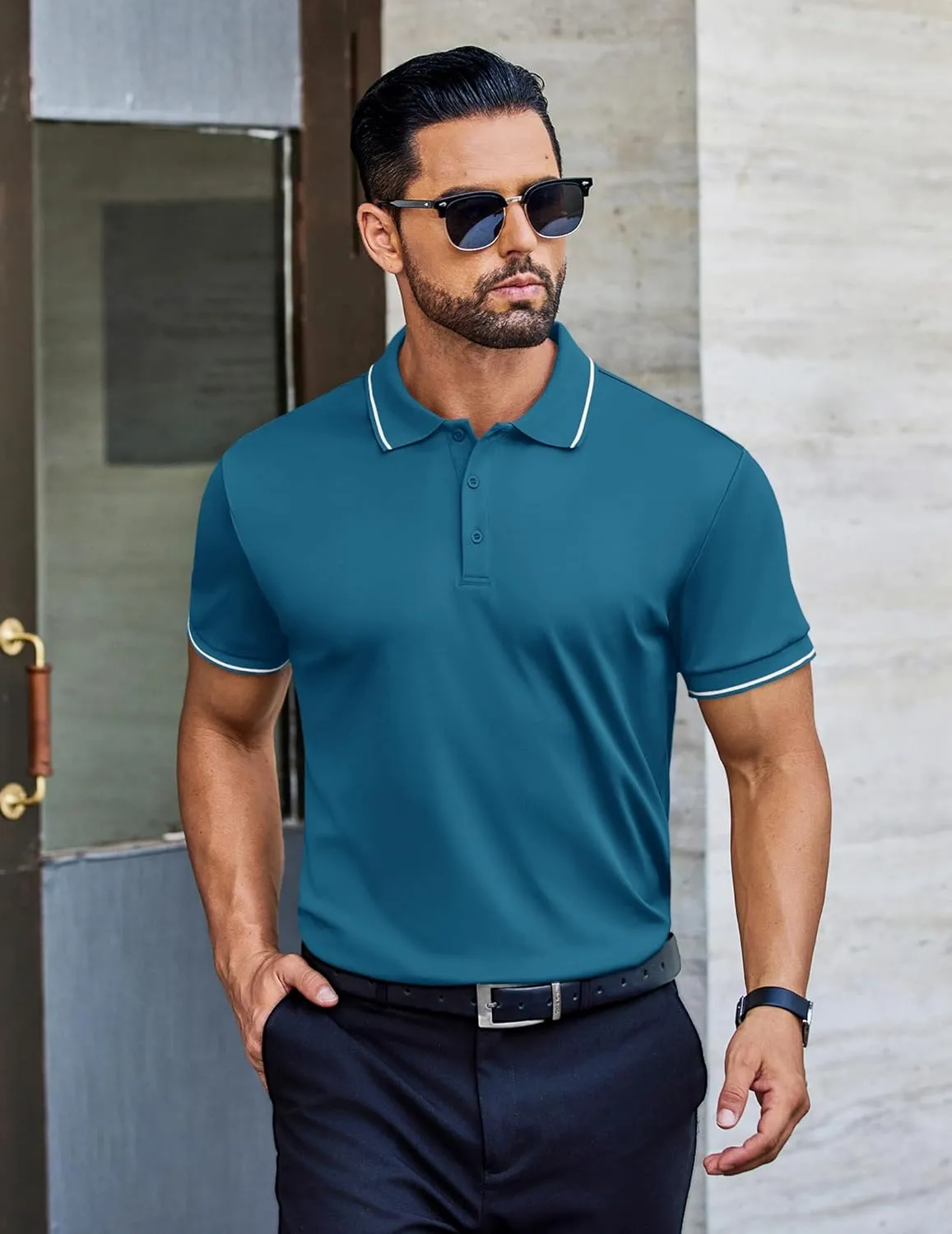 COOFANDY Mens Polo Shirts Short Sleeve Golf Polo Button Pullover Casual Contrast Color Basic T Shirt Ribbed Collar