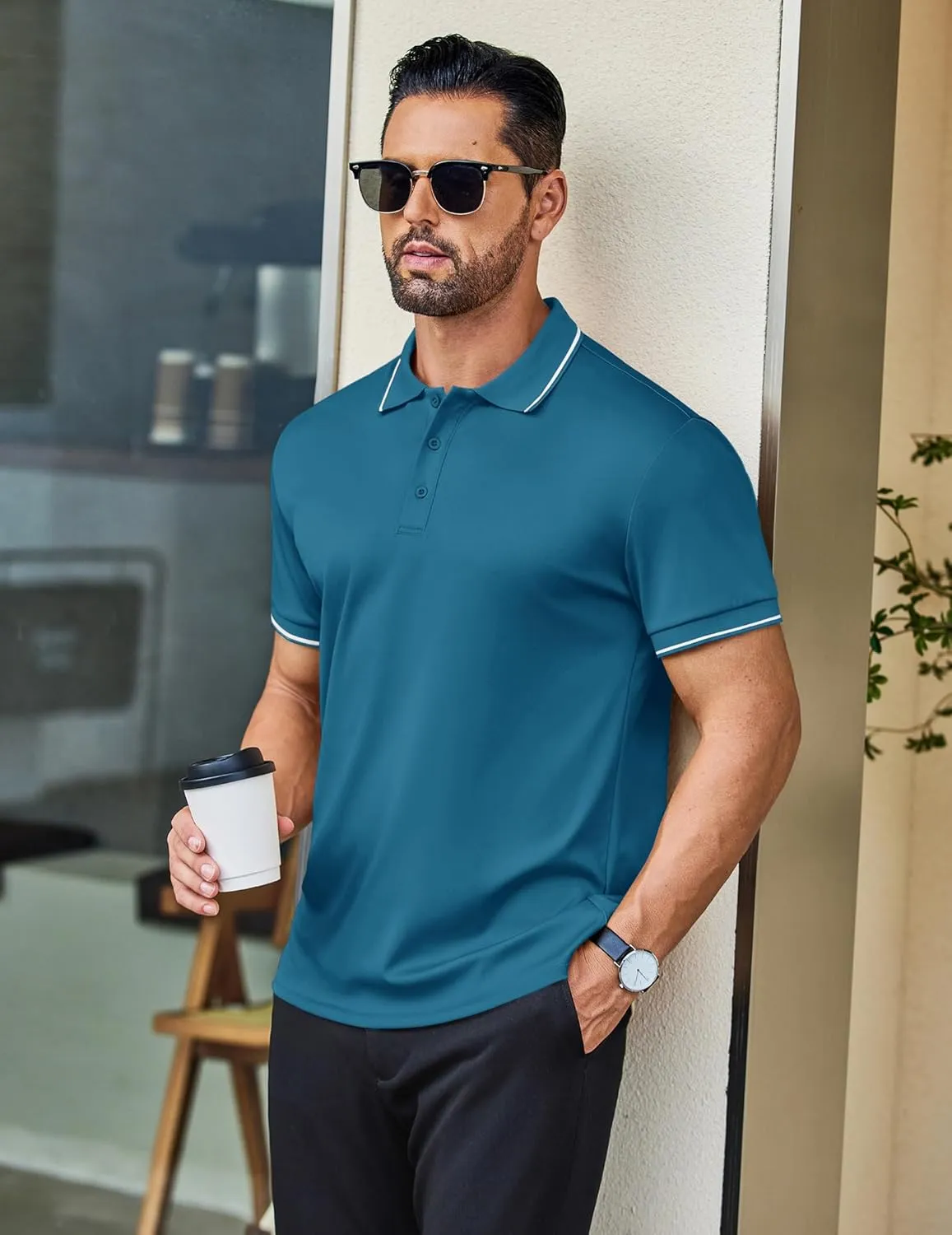 COOFANDY Mens Polo Shirts Short Sleeve Golf Polo Button Pullover Casual Contrast Color Basic T Shirt Ribbed Collar