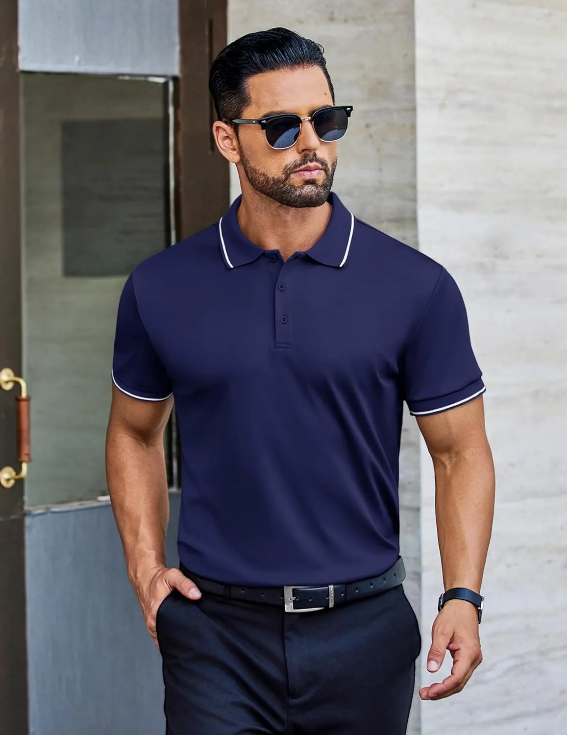 COOFANDY Mens Polo Shirts Short Sleeve Golf Polo Button Pullover Casual Contrast Color Basic T Shirt Ribbed Collar