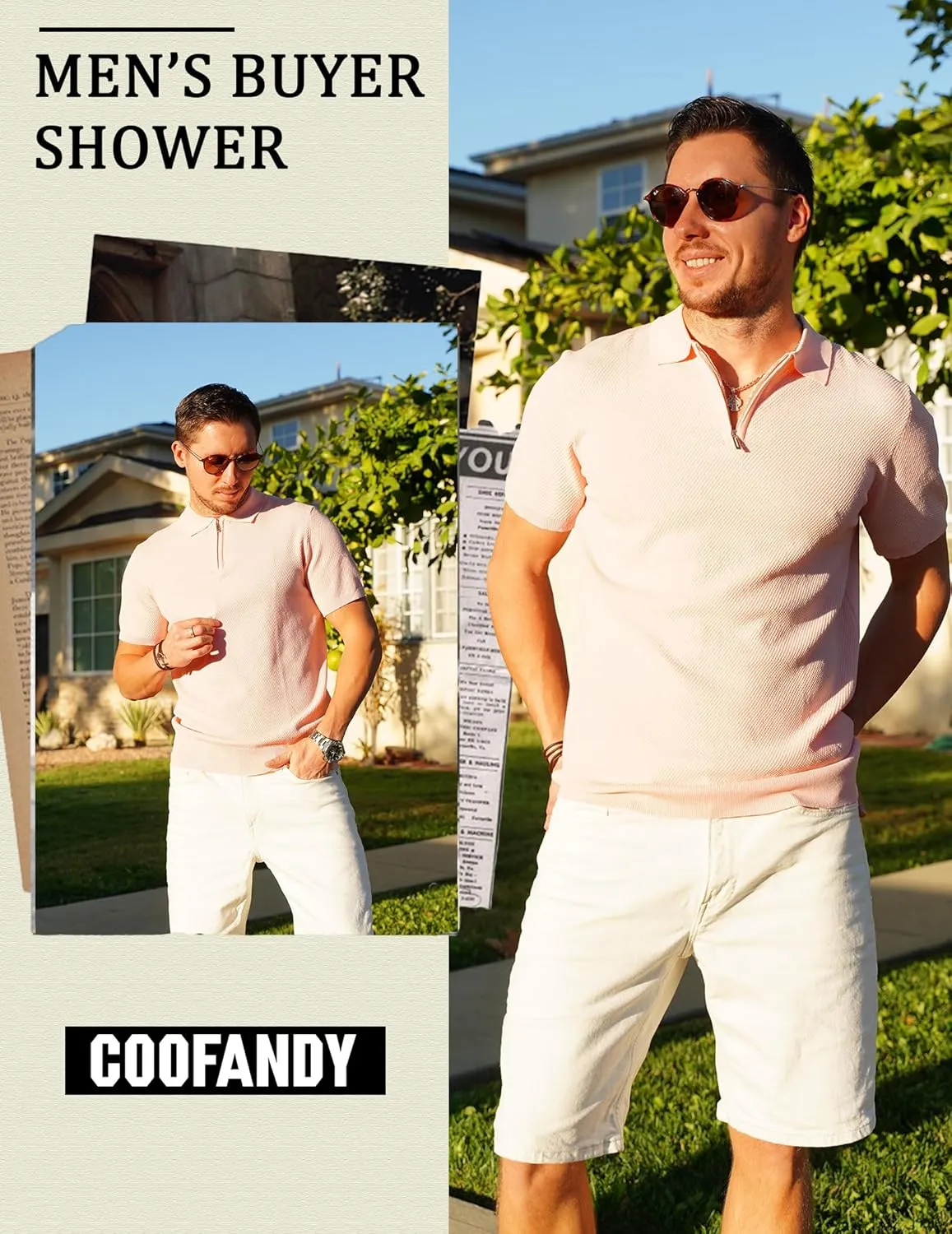 COOFANDY Mens Textured Knit Polo Shirts Zipper Polo Shirts Short Sleeve Casual Lightweight Golf Shirt